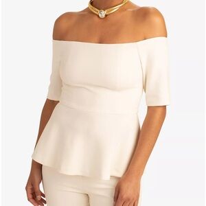 NWT Trina Turk Forbid Off-The-Shoulder Top. Size 12. Ivory. Peplum Hem